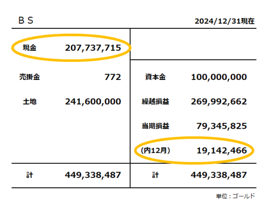 貸借対照表／2024年12月末／当期損益は1,914万ゴールド